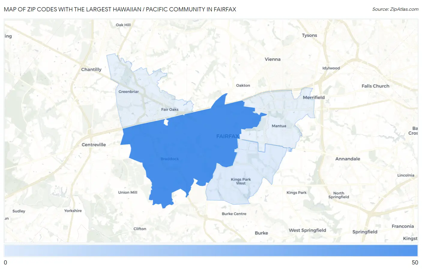 Zip Codes with the Largest Hawaiian / Pacific Community in Fairfax Map