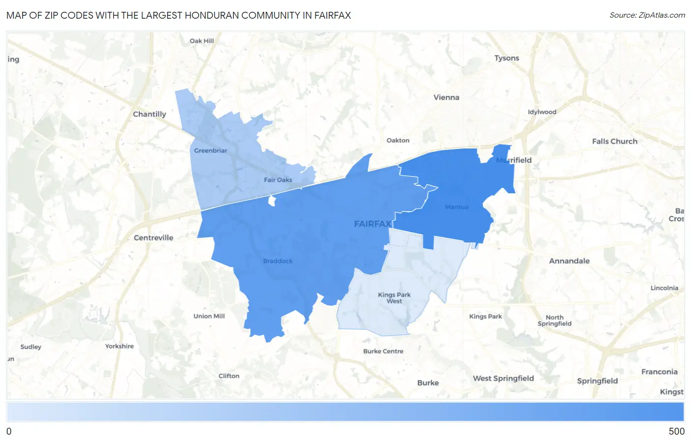 Zip Codes with the Largest Honduran Community in Fairfax Map