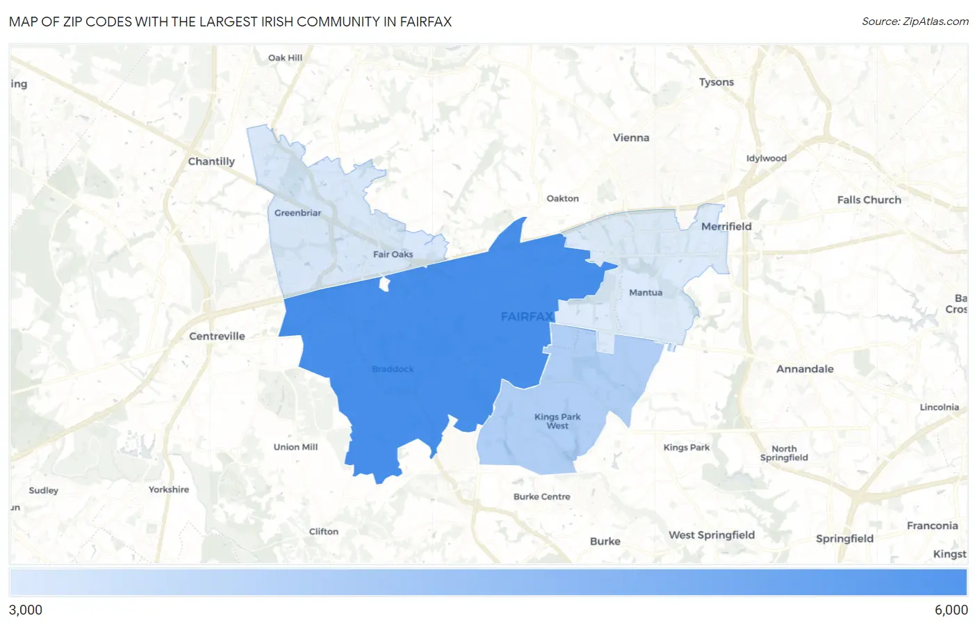 Zip Codes with the Largest Irish Community in Fairfax Map