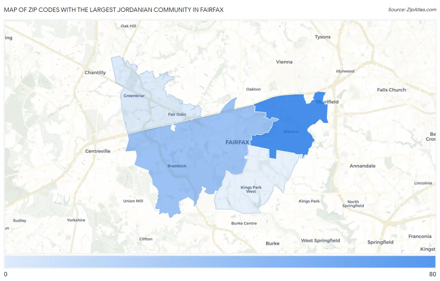 Zip Codes with the Largest Jordanian Community in Fairfax Map