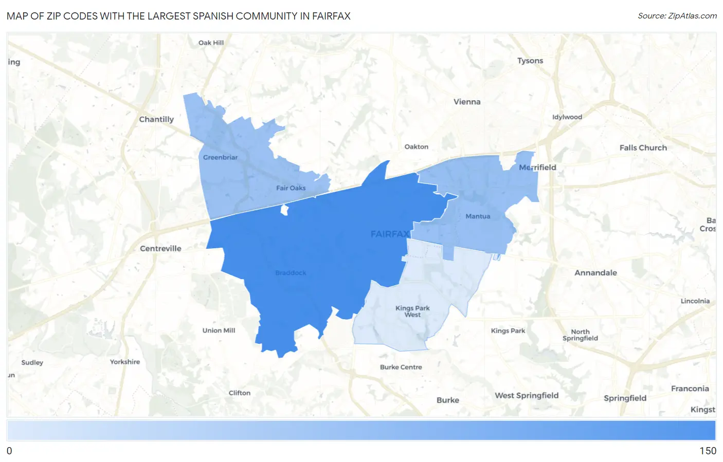 Zip Codes with the Largest Spanish Community in Fairfax Map