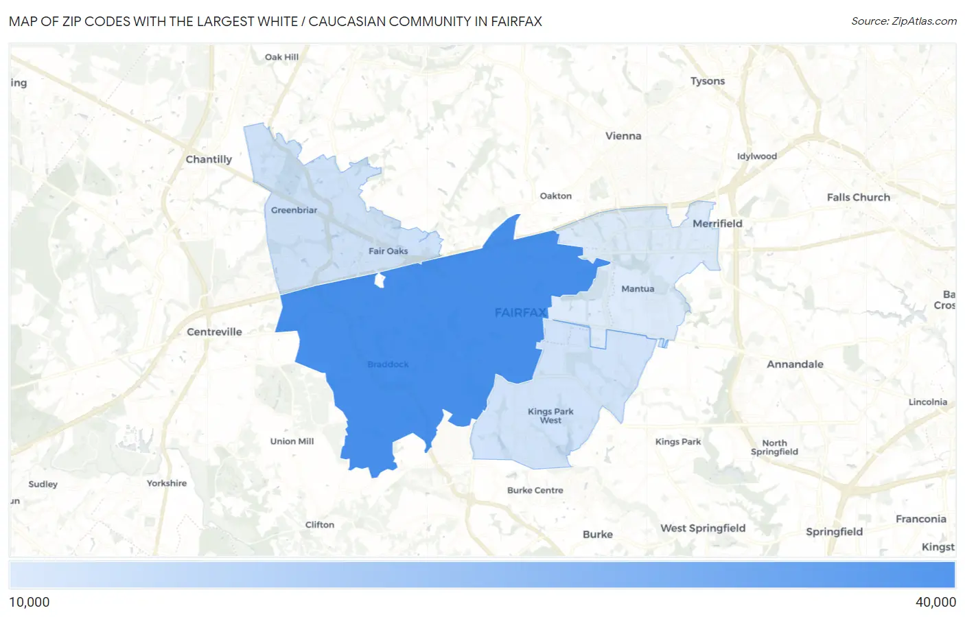 Zip Codes with the Largest White / Caucasian Community in Fairfax Map