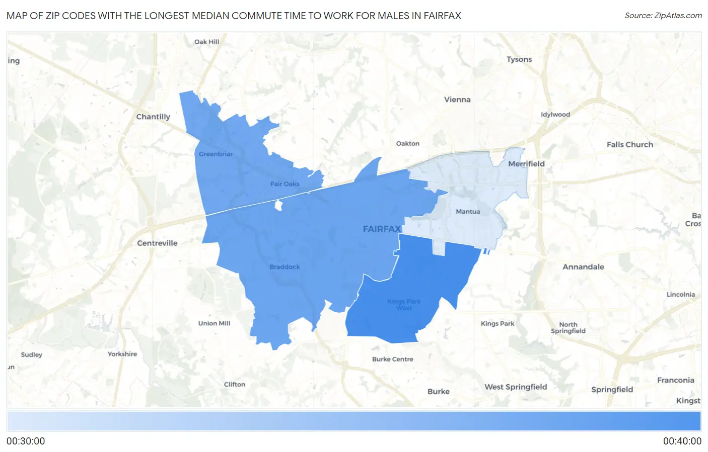 Zip Codes with the Longest Median Commute Time to Work for Males in Fairfax Map