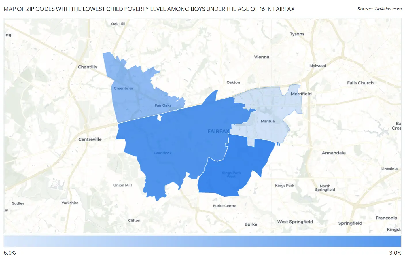 Zip Codes with the Lowest Child Poverty Level Among Boys Under the Age of 16 in Fairfax Map