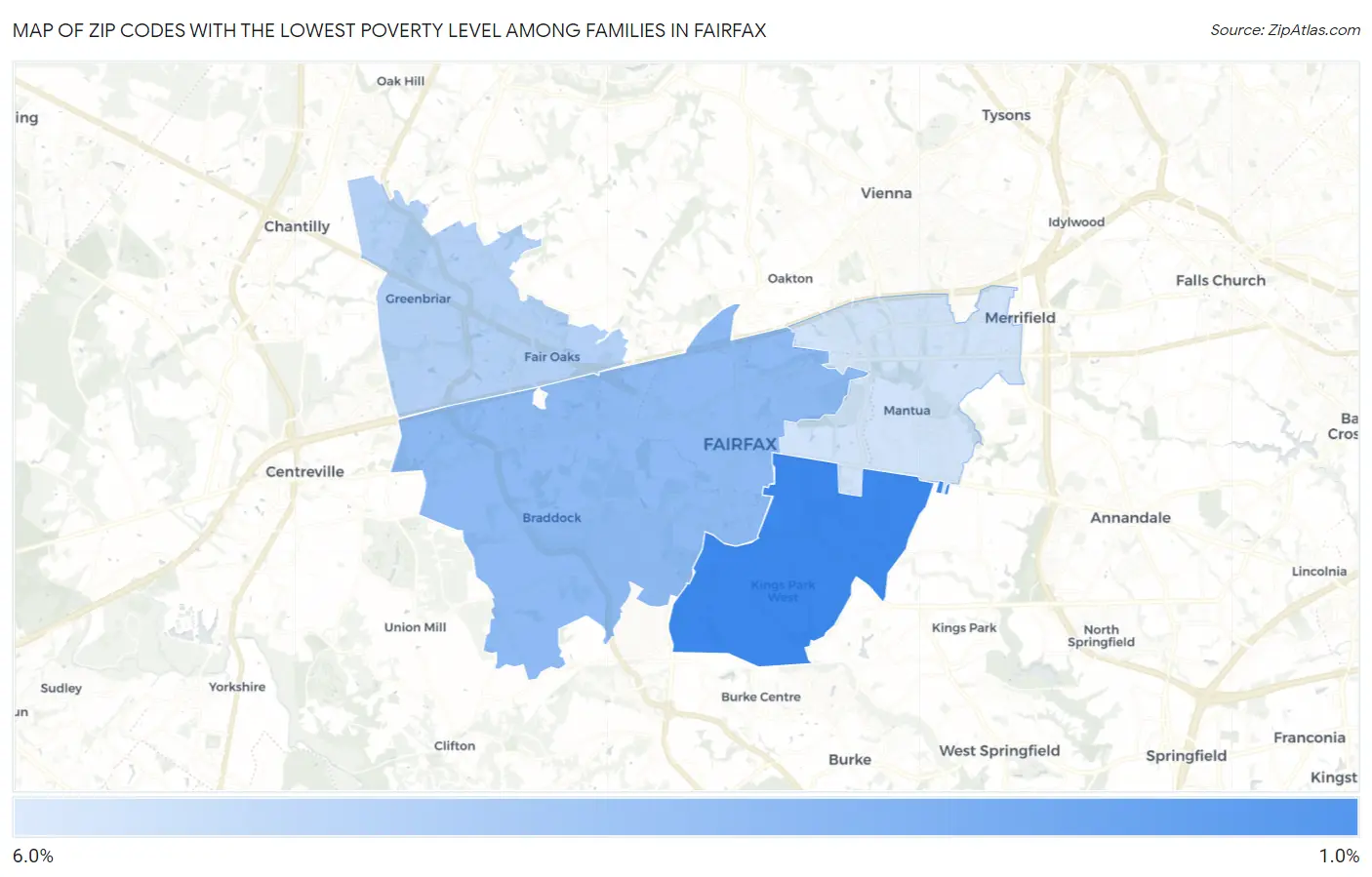 Zip Codes with the Lowest Poverty Level Among Families in Fairfax Map