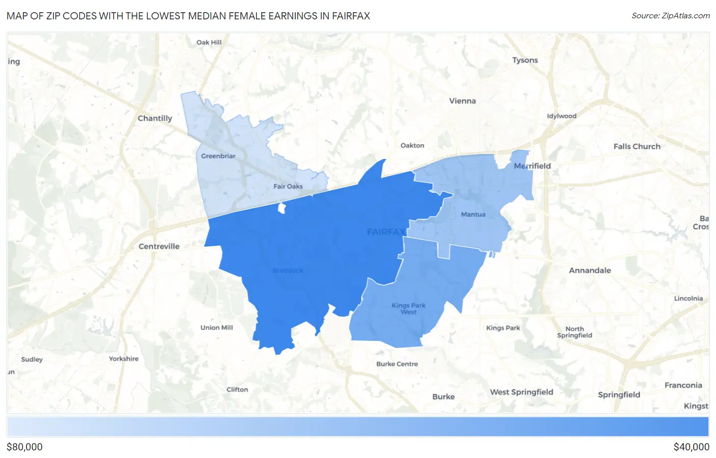 Zip Codes with the Lowest Median Female Earnings in Fairfax Map
