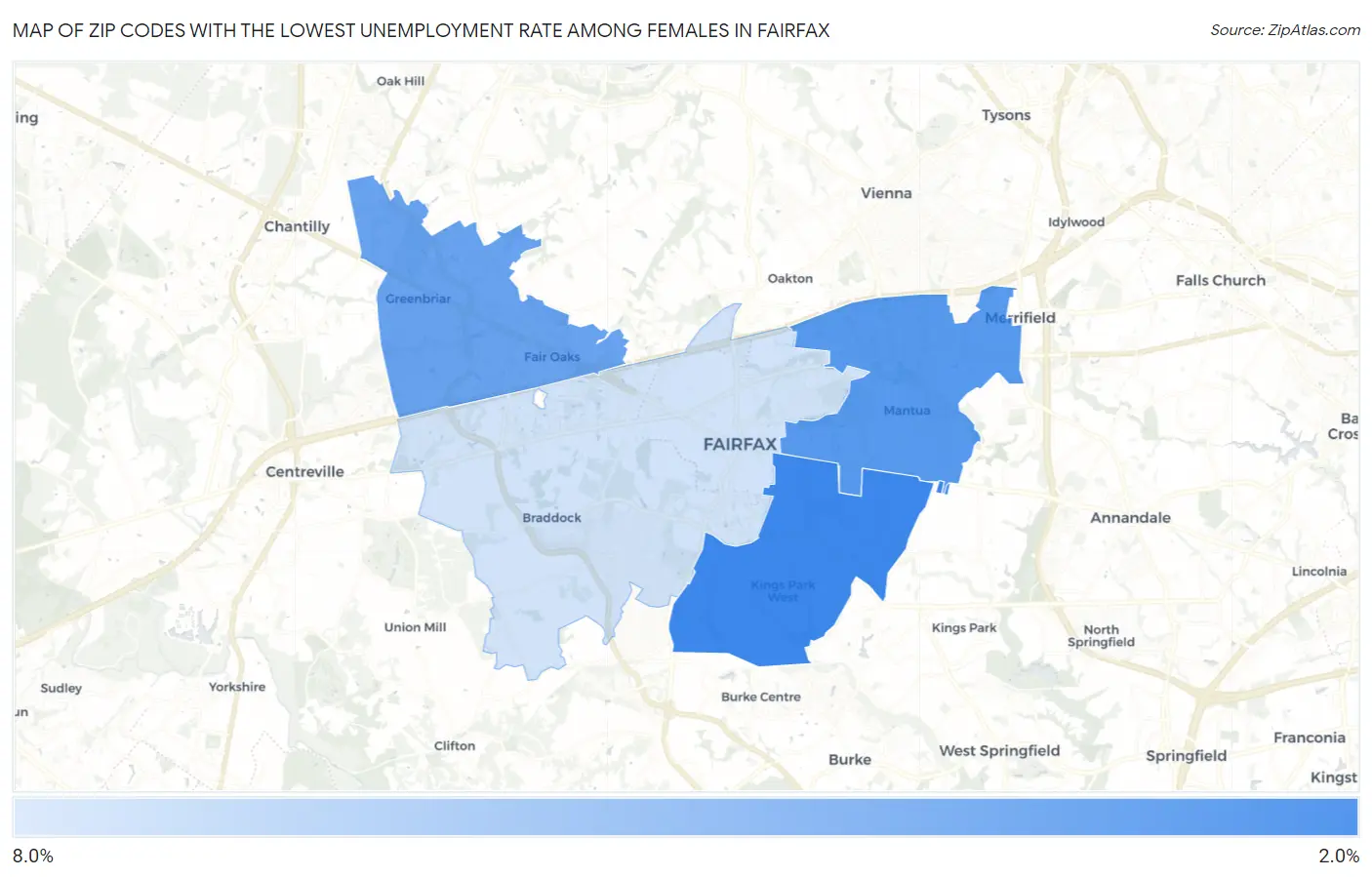 Zip Codes with the Lowest Unemployment Rate Among Females in Fairfax Map