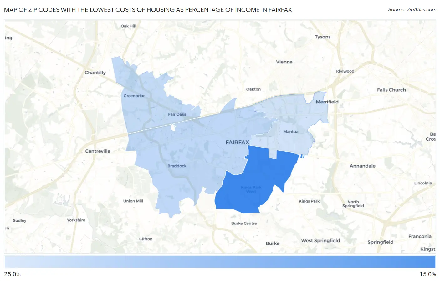 Zip Codes with the Lowest Costs of Housing as Percentage of Income in Fairfax Map