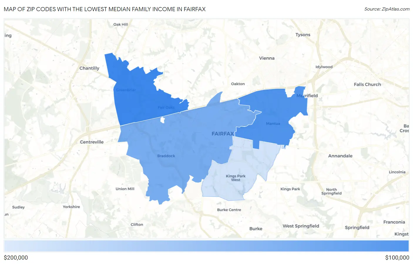Zip Codes with the Lowest Median Family Income in Fairfax Map