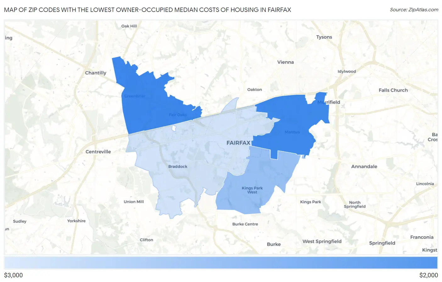 Zip Codes with the Lowest Owner-Occupied Median Costs of Housing in Fairfax Map