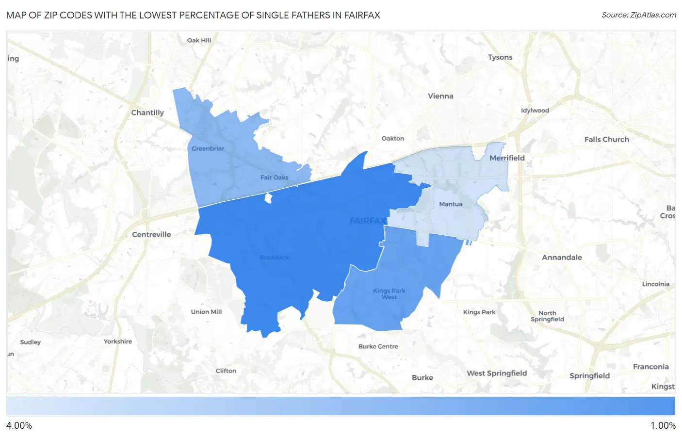 Zip Codes with the Lowest Percentage of Single Fathers in Fairfax Map