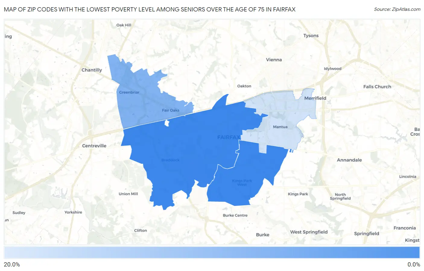 Zip Codes with the Lowest Poverty Level Among Seniors Over the Age of 75 in Fairfax Map