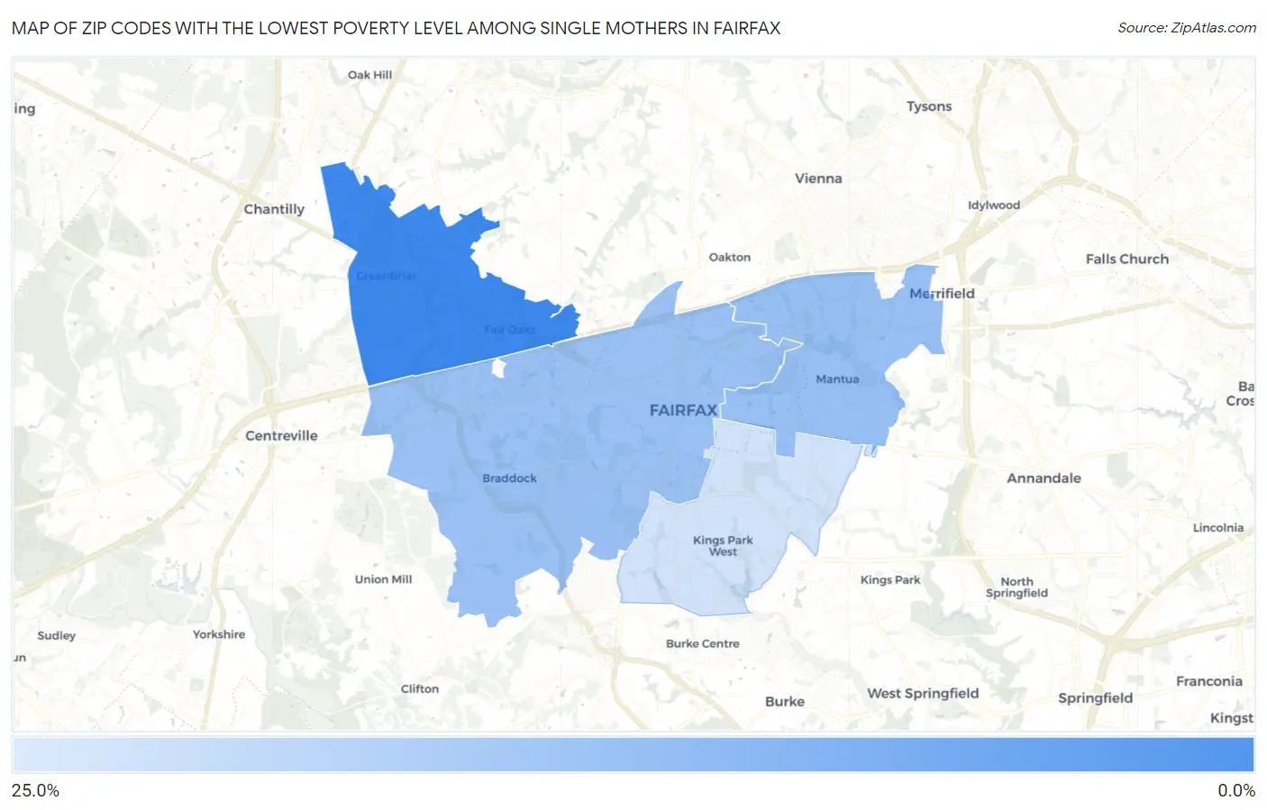 Zip Codes with the Lowest Poverty Level Among Single Mothers in Fairfax Map