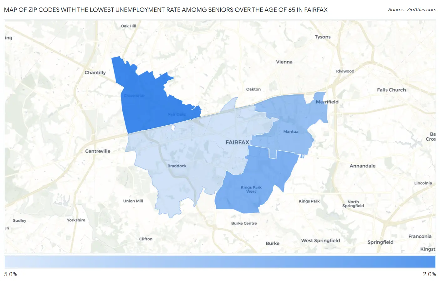 Zip Codes with the Lowest Unemployment Rate Amomg Seniors Over the Age of 65 in Fairfax Map