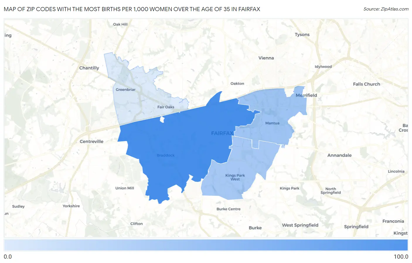 Zip Codes with the Most Births per 1,000 Women Over the Age of 35 in Fairfax Map