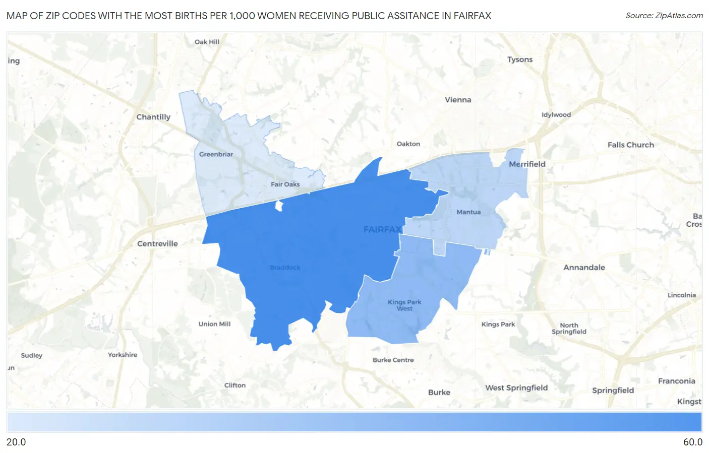 Zip Codes with the Most Births per 1,000 Women Receiving Public Assitance in Fairfax Map