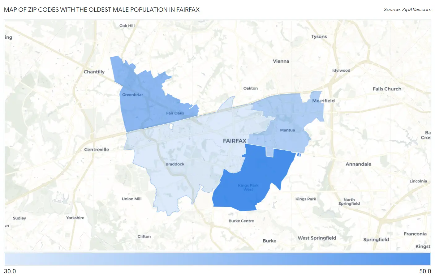 Zip Codes with the Oldest Male Population in Fairfax Map