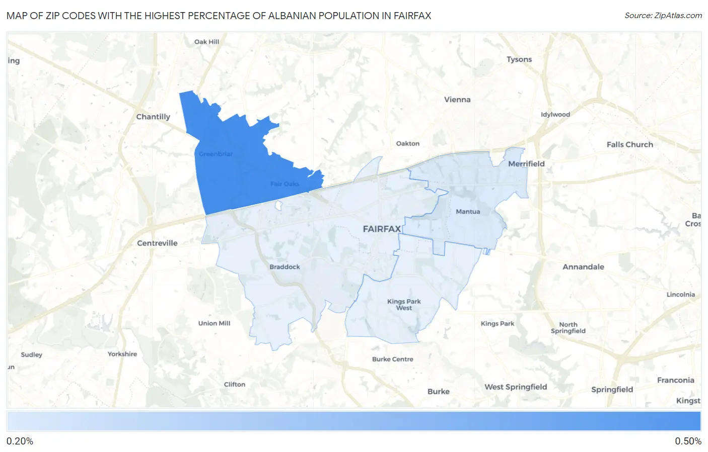 Zip Codes with the Highest Percentage of Albanian Population in Fairfax Map