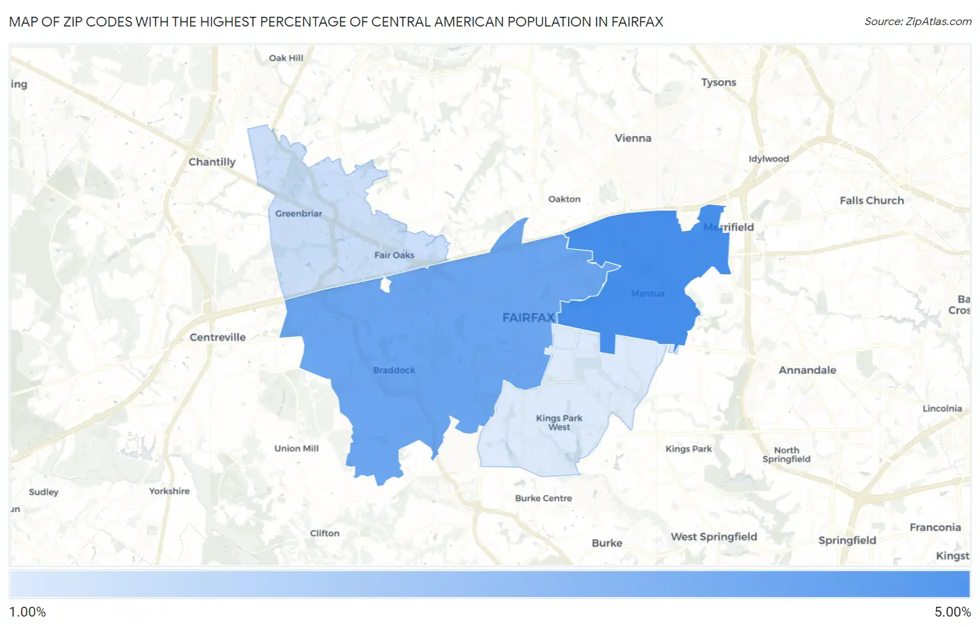 Zip Codes with the Highest Percentage of Central American Population in Fairfax Map