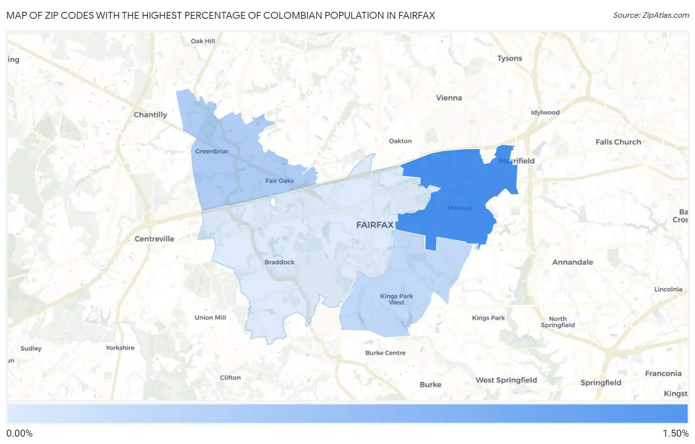 Zip Codes with the Highest Percentage of Colombian Population in Fairfax Map