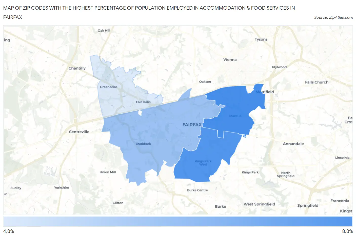 Zip Codes with the Highest Percentage of Population Employed in Accommodation & Food Services in Fairfax Map