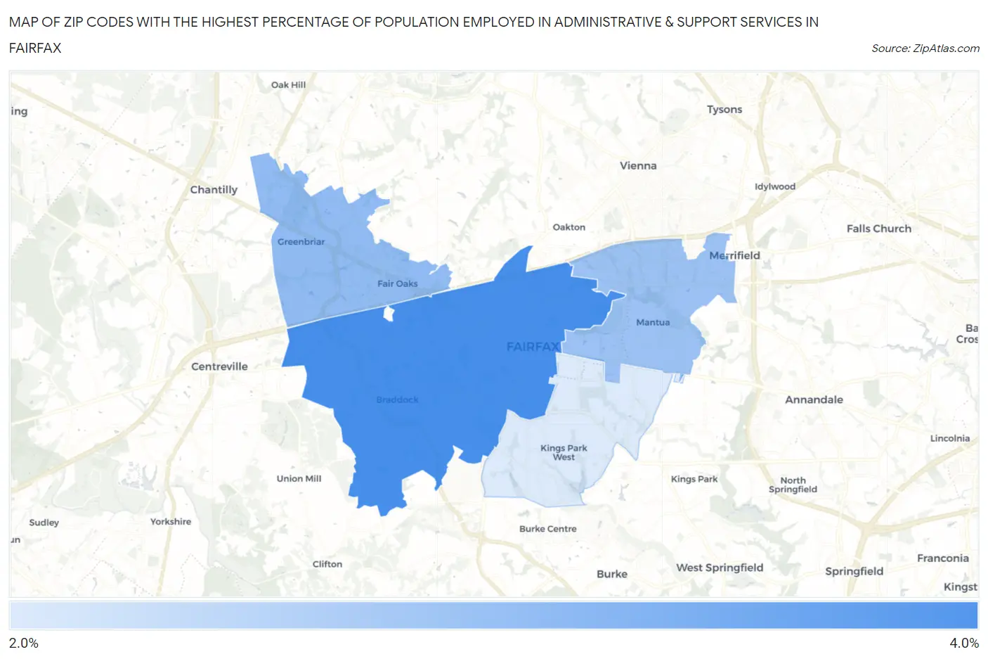 Zip Codes with the Highest Percentage of Population Employed in Administrative & Support Services in Fairfax Map