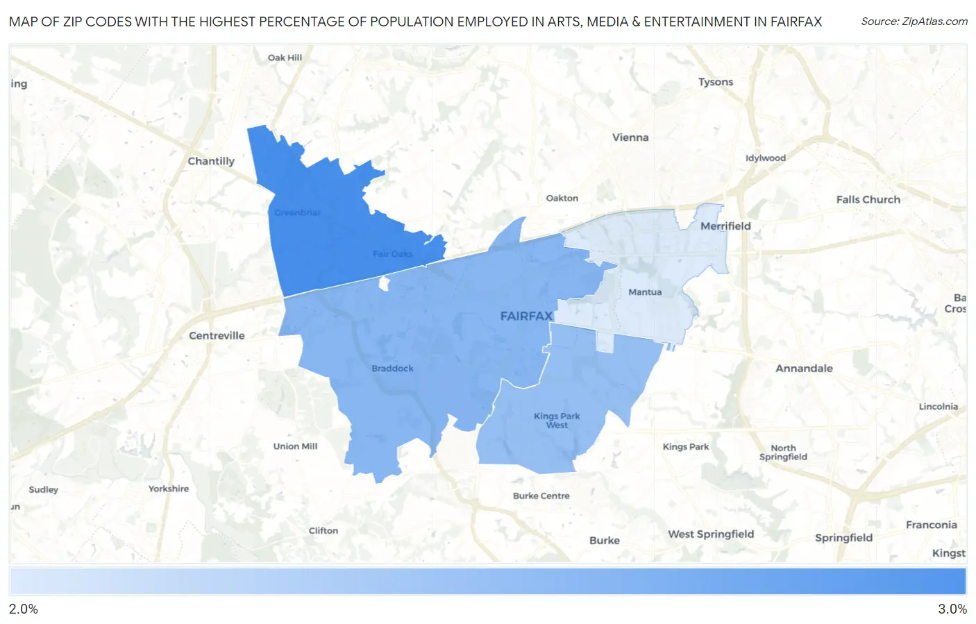 Zip Codes with the Highest Percentage of Population Employed in Arts, Media & Entertainment in Fairfax Map