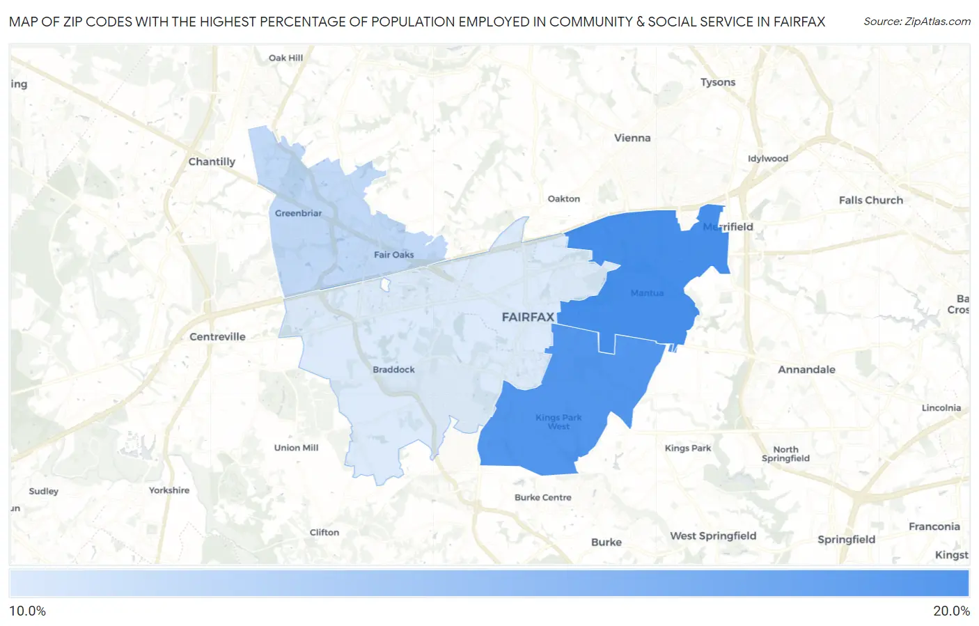 Zip Codes with the Highest Percentage of Population Employed in Community & Social Service  in Fairfax Map