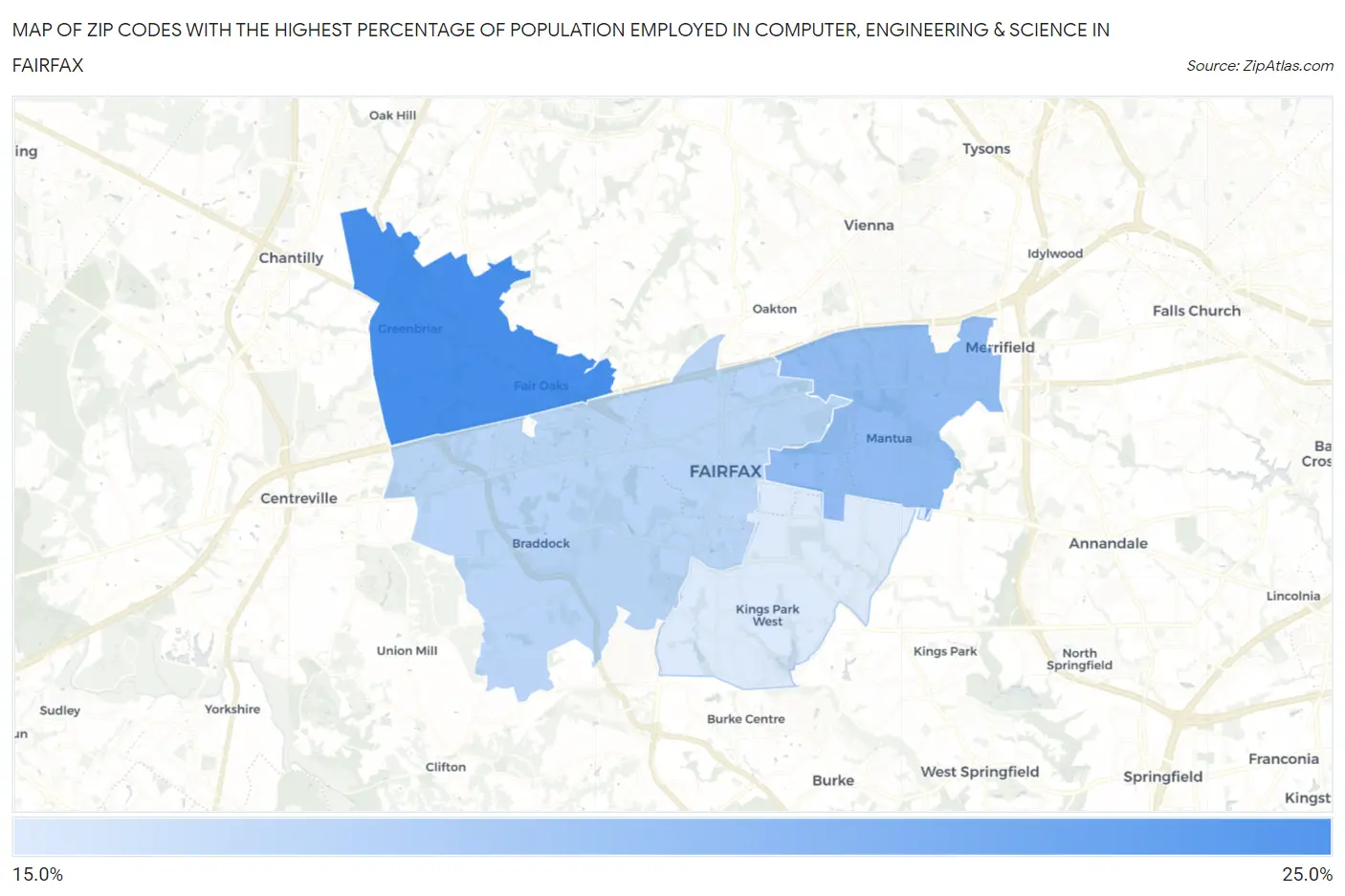 Zip Codes with the Highest Percentage of Population Employed in Computer, Engineering & Science in Fairfax Map