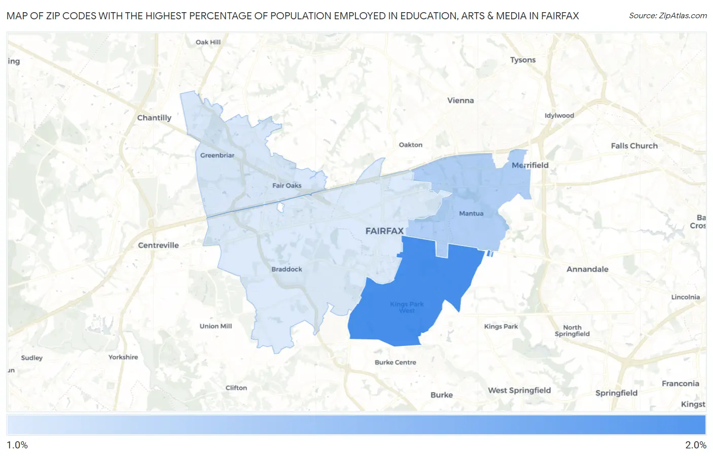 Zip Codes with the Highest Percentage of Population Employed in Education, Arts & Media in Fairfax Map