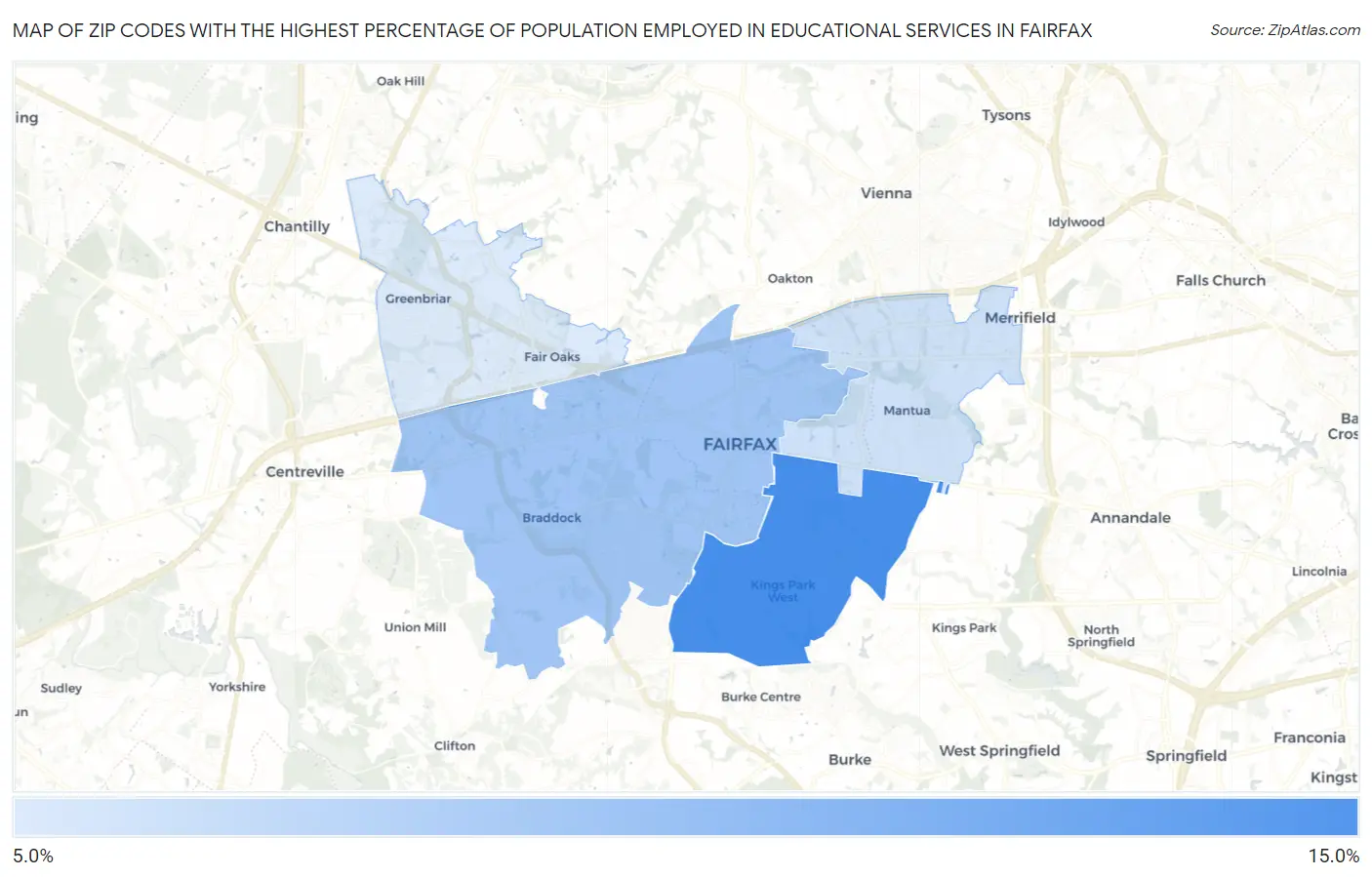 Zip Codes with the Highest Percentage of Population Employed in Educational Services in Fairfax Map