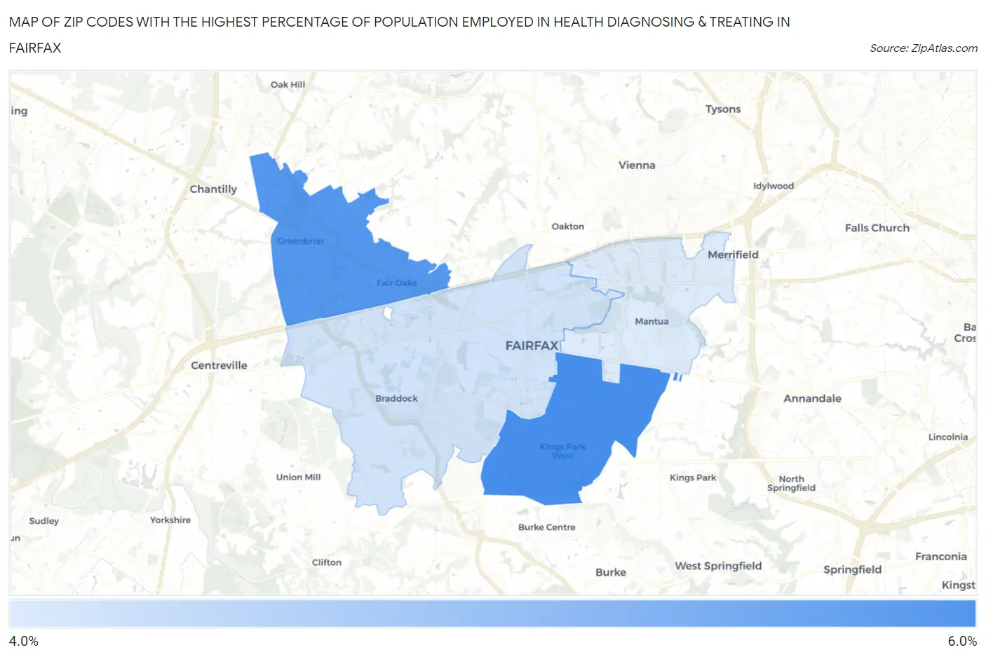 Zip Codes with the Highest Percentage of Population Employed in Health Diagnosing & Treating in Fairfax Map