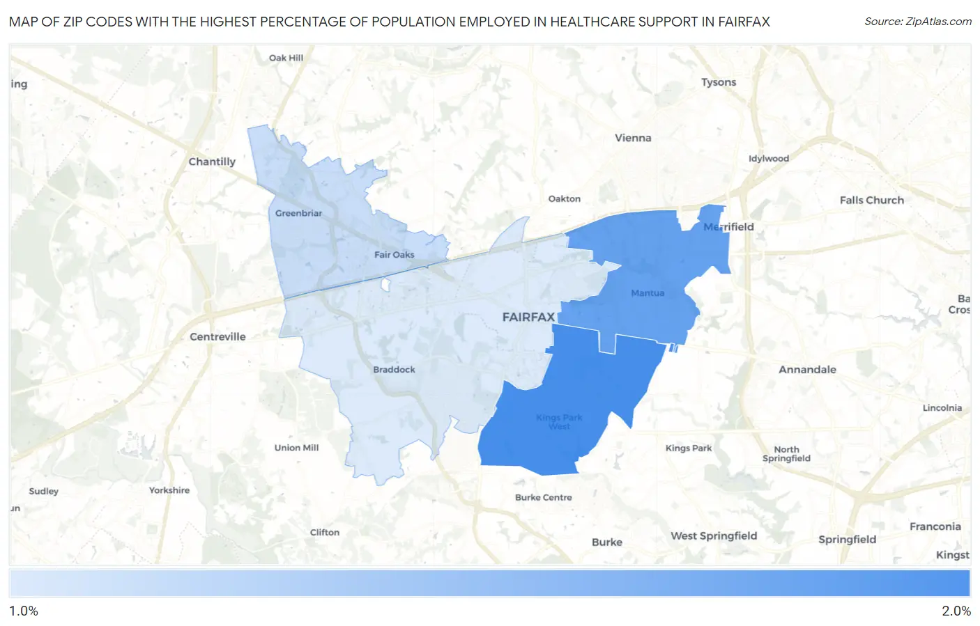 Zip Codes with the Highest Percentage of Population Employed in Healthcare Support in Fairfax Map