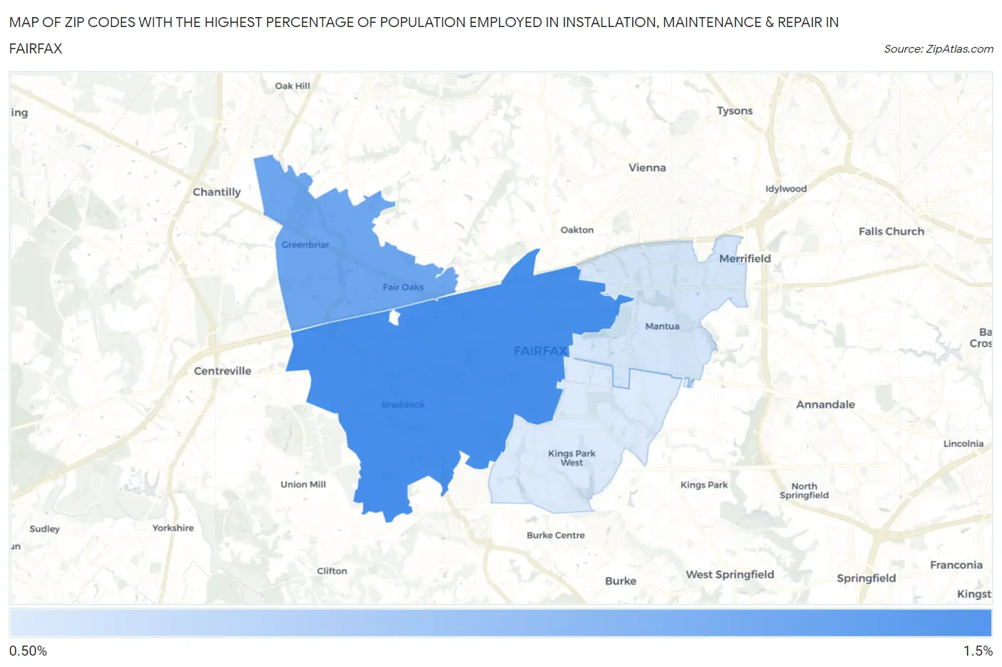 Zip Codes with the Highest Percentage of Population Employed in Installation, Maintenance & Repair in Fairfax Map
