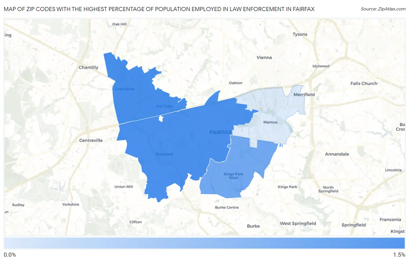 Zip Codes with the Highest Percentage of Population Employed in Law Enforcement in Fairfax Map
