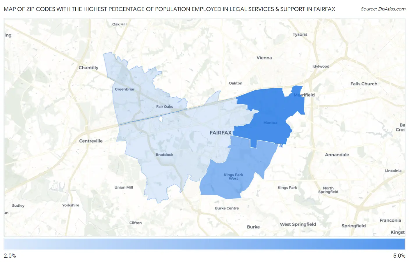 Zip Codes with the Highest Percentage of Population Employed in Legal Services & Support in Fairfax Map