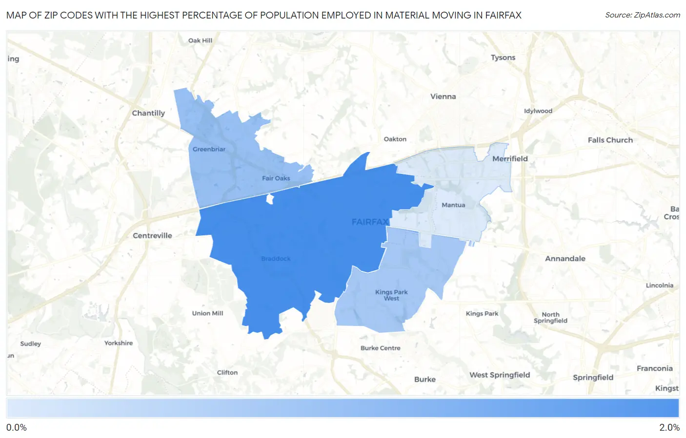Zip Codes with the Highest Percentage of Population Employed in Material Moving in Fairfax Map