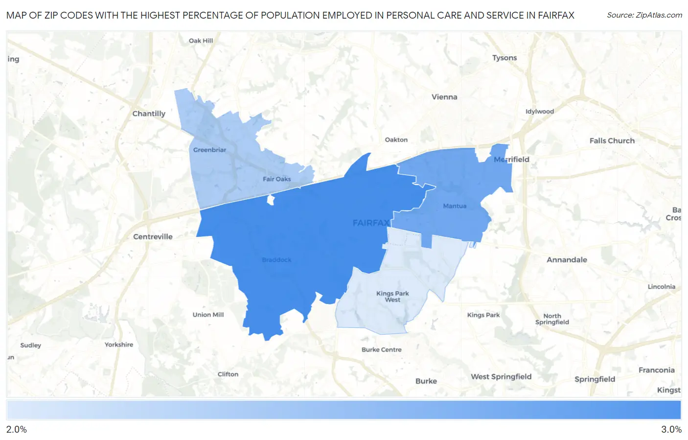 Zip Codes with the Highest Percentage of Population Employed in Personal Care and Service in Fairfax Map