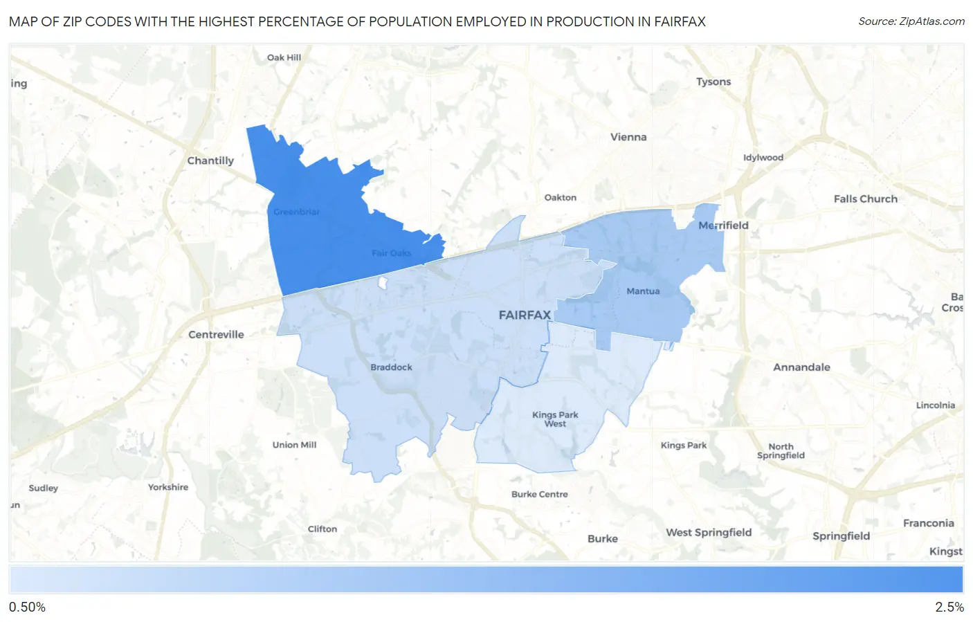 Zip Codes with the Highest Percentage of Population Employed in Production in Fairfax Map