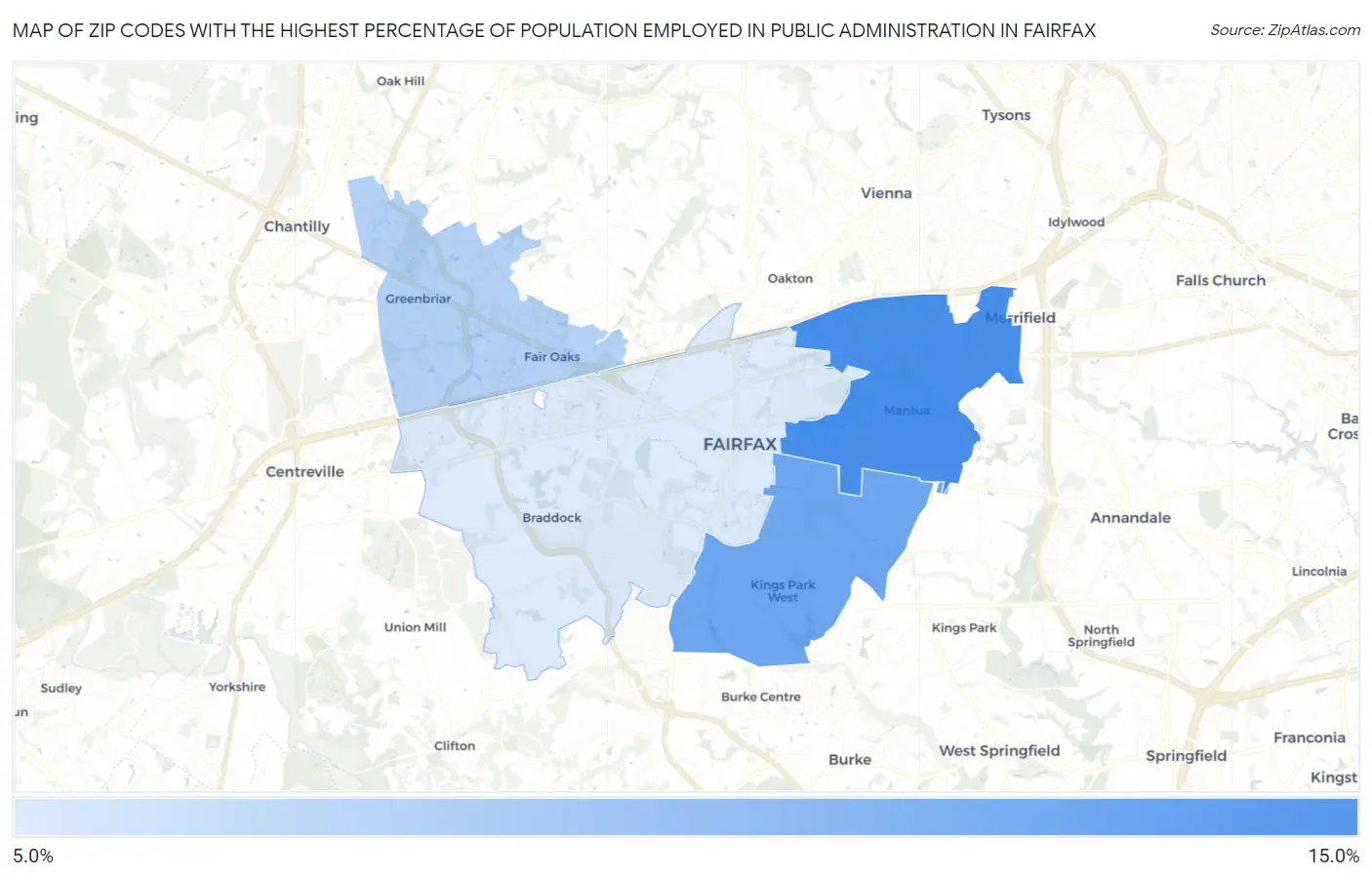 Zip Codes with the Highest Percentage of Population Employed in Public Administration in Fairfax Map