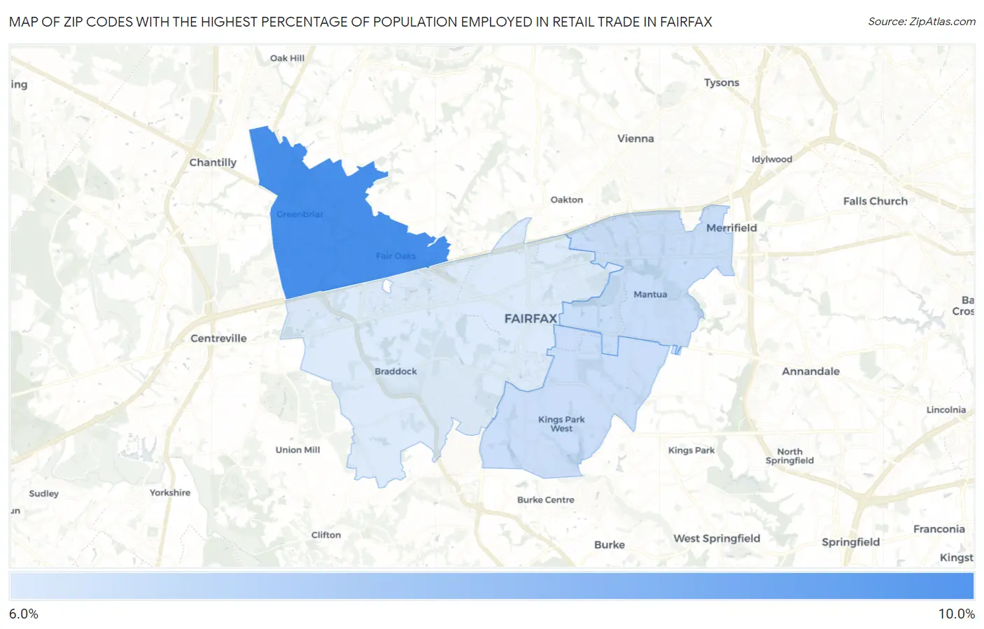 Zip Codes with the Highest Percentage of Population Employed in Retail Trade in Fairfax Map