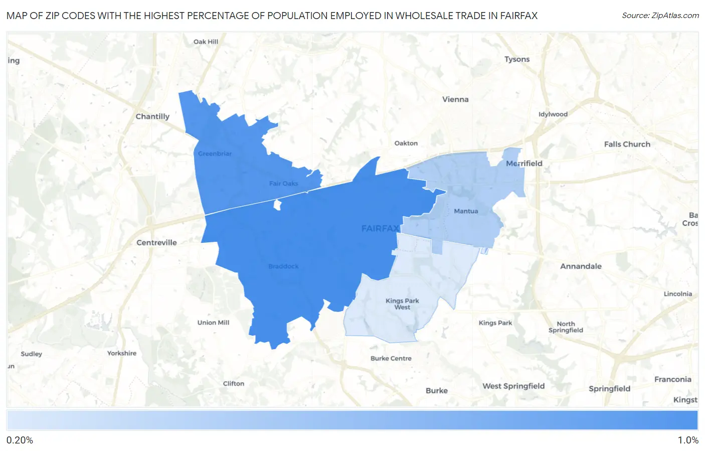 Zip Codes with the Highest Percentage of Population Employed in Wholesale Trade in Fairfax Map