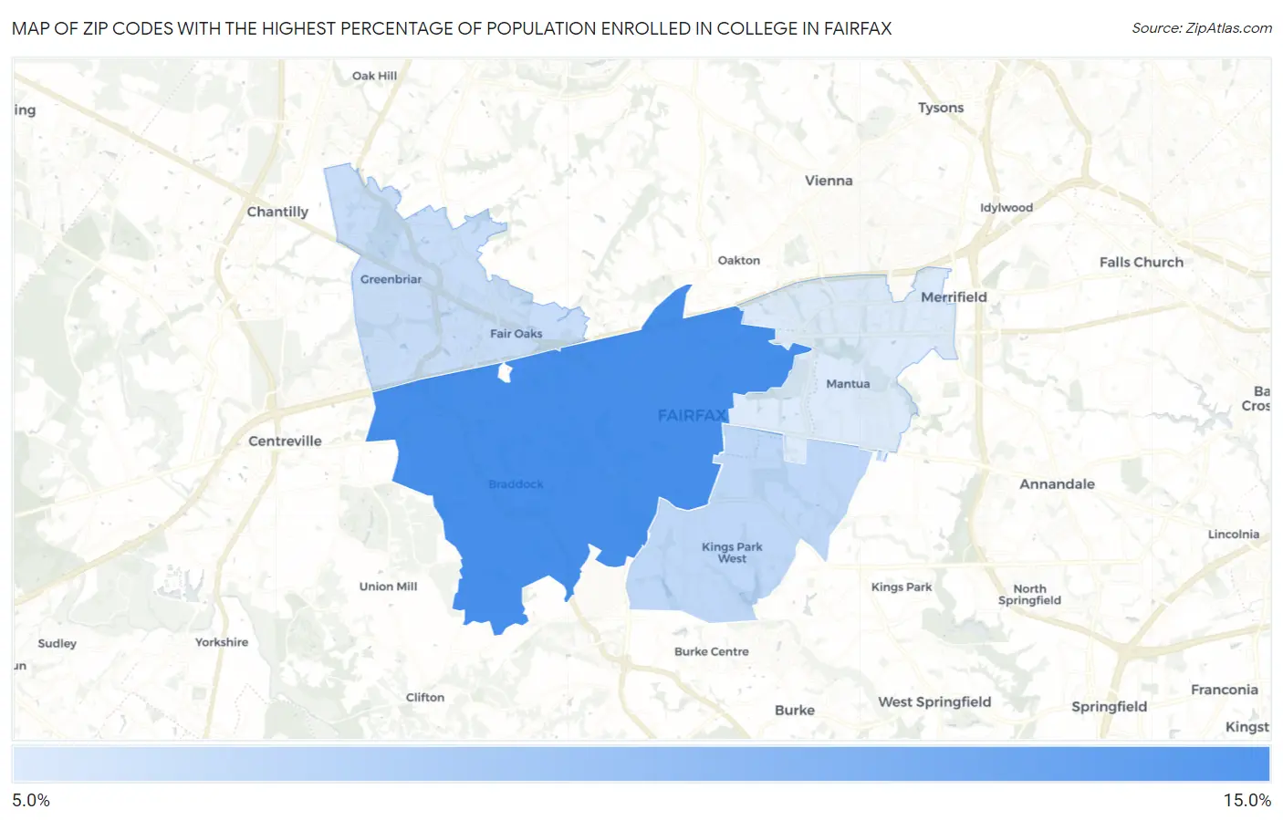 Zip Codes with the Highest Percentage of Population Enrolled in College in Fairfax Map