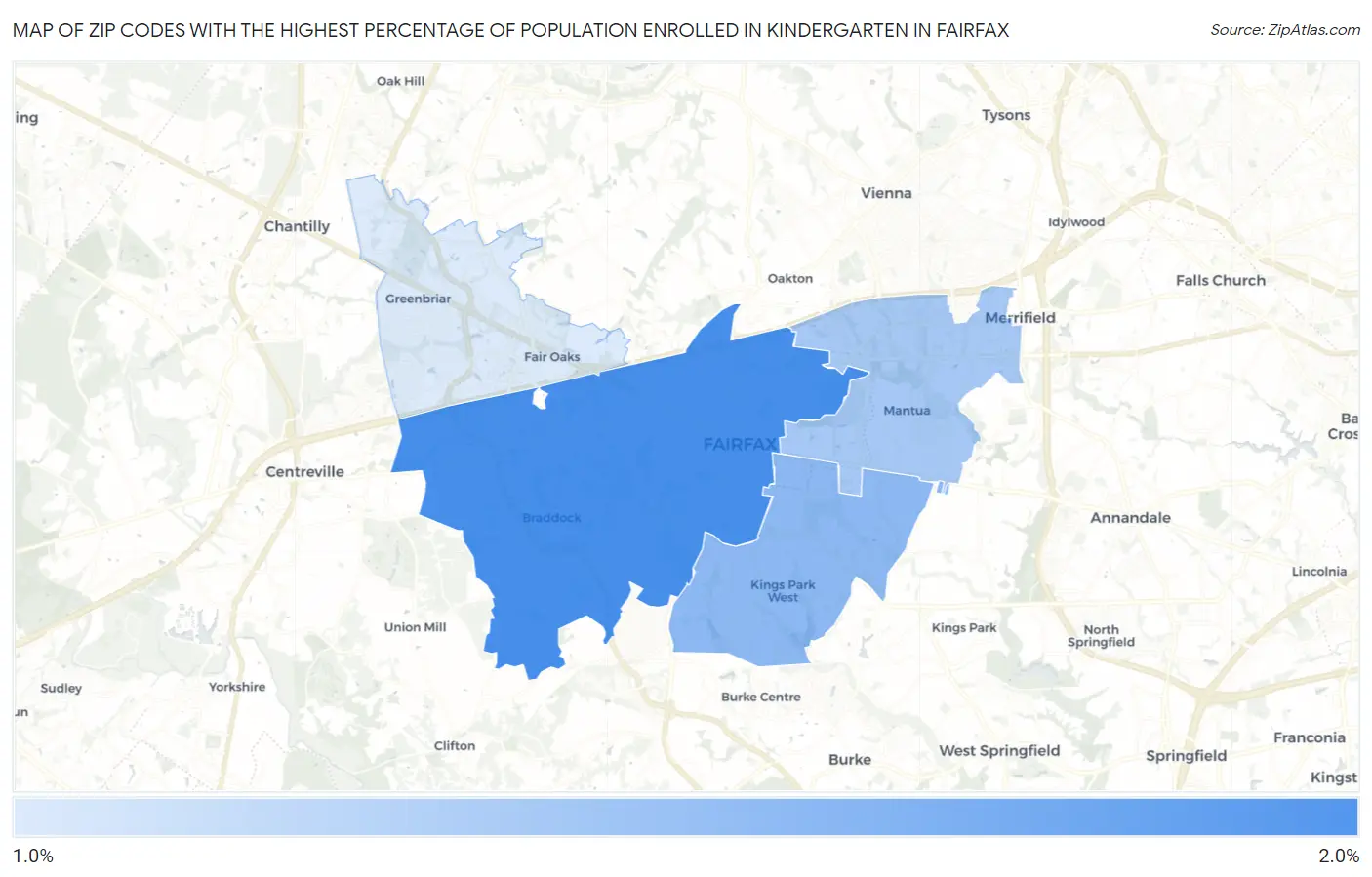 Zip Codes with the Highest Percentage of Population Enrolled in Kindergarten in Fairfax Map