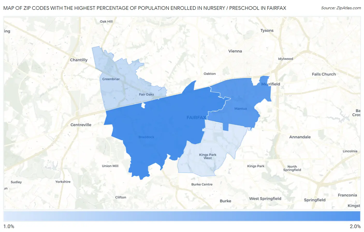 Zip Codes with the Highest Percentage of Population Enrolled in Nursery / Preschool in Fairfax Map