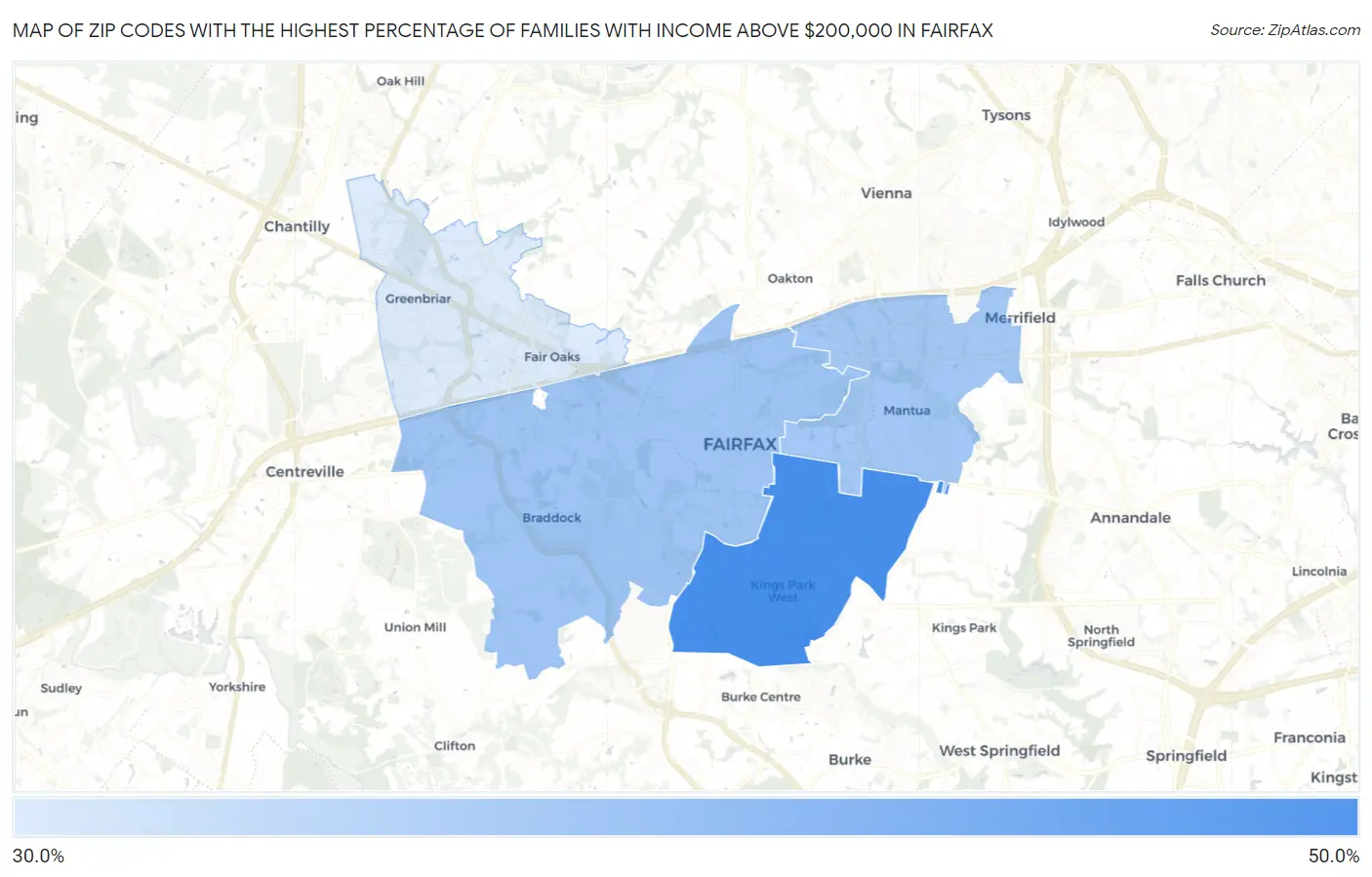 Zip Codes with the Highest Percentage of Families with Income Above $200,000 in Fairfax Map