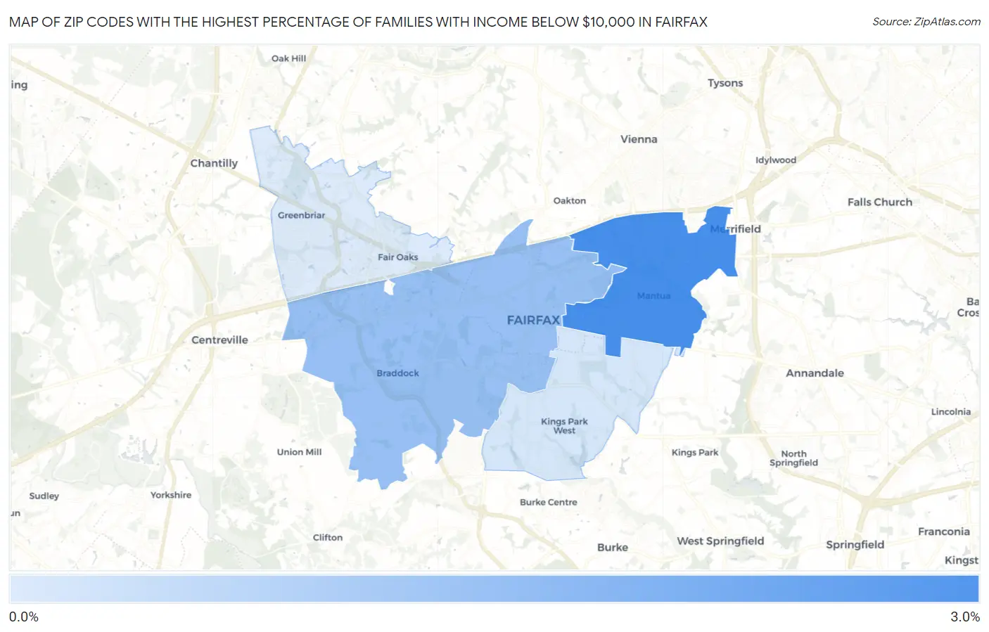 Zip Codes with the Highest Percentage of Families with Income Below $10,000 in Fairfax Map