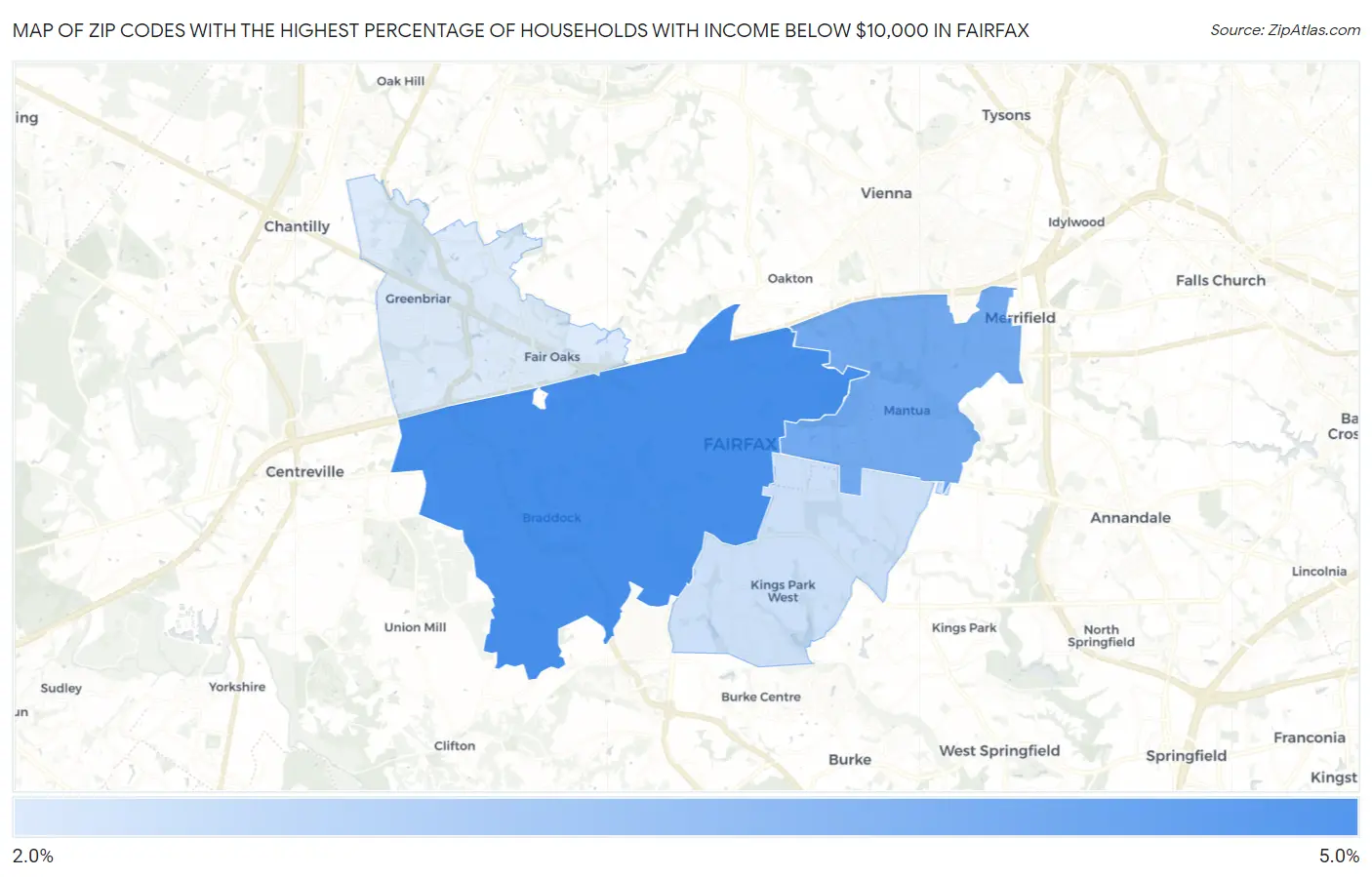 Zip Codes with the Highest Percentage of Households with Income Below $10,000 in Fairfax Map