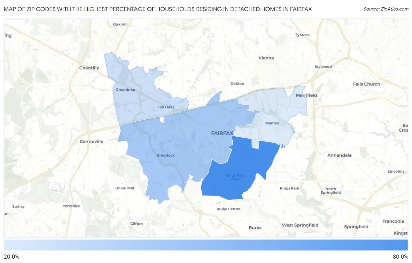 Zip Codes with the Highest Percentage of Households Residing in Detached Homes in Fairfax Map
