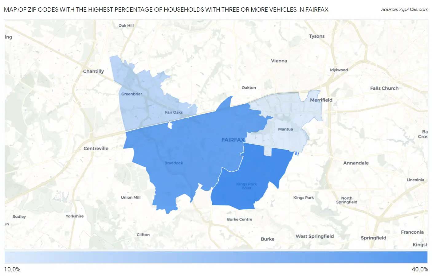 Zip Codes with the Highest Percentage of Households With Three or more Vehicles in Fairfax Map